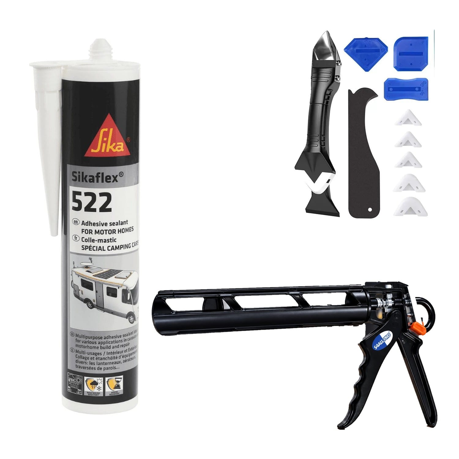 sikaflex-522-caravan-kit Sikaflex 522 Caravan Kit with sealant, caulking gun and 10-piece finishing tool set